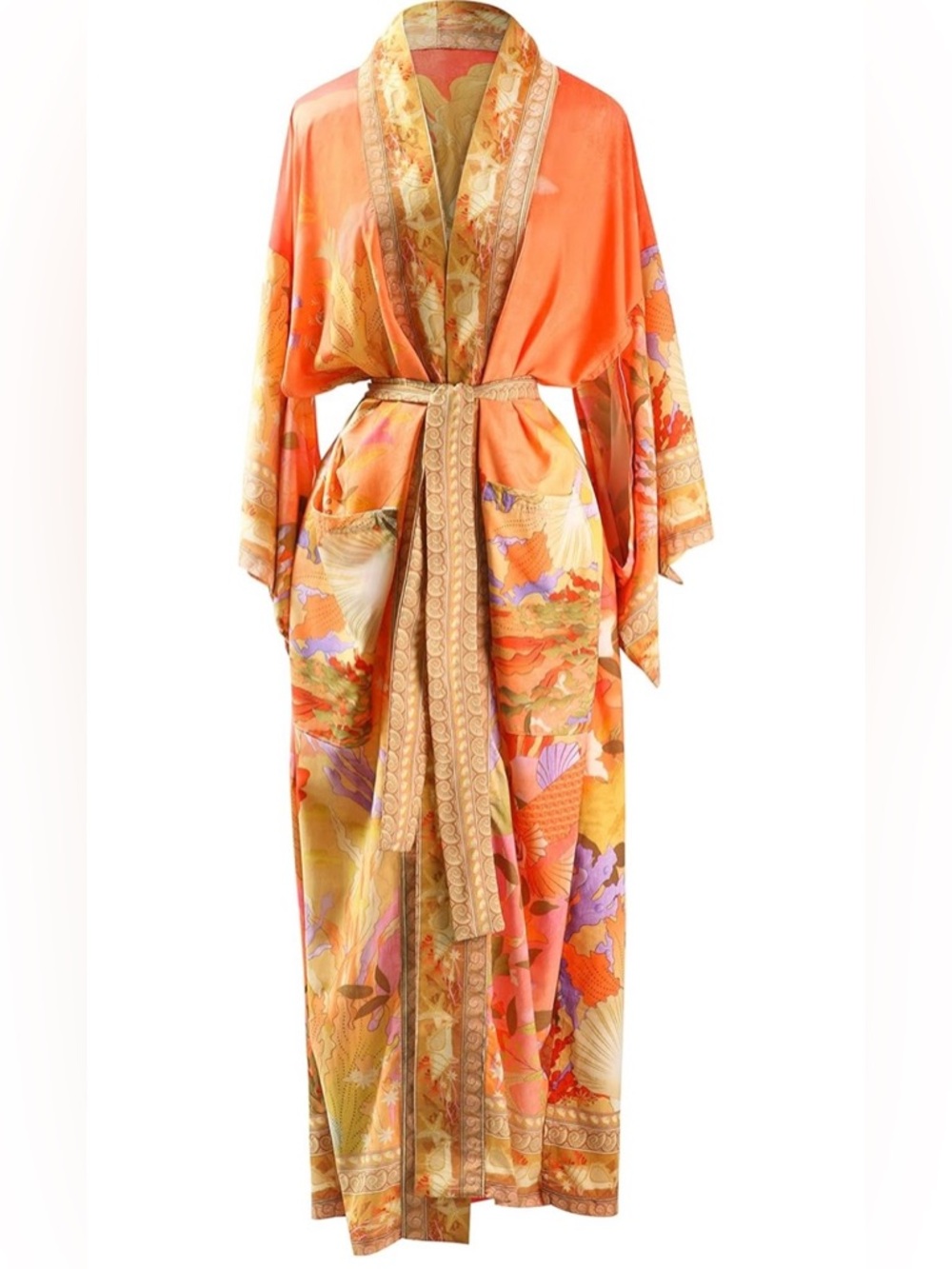 Silk-Feel Orange Floral Long Kimono Robe with Sash